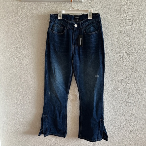 NEW NWT Boohoo Dark Blue Split Hem Flare Distressed Denim Jean Size 6 - Picture 4 of 13